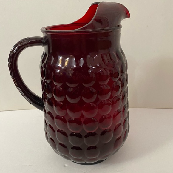Vintage Anchor Hocking Ruby Red Bubble Glass Lip Water Pitcher 64 oz - Picture 8 of 11
